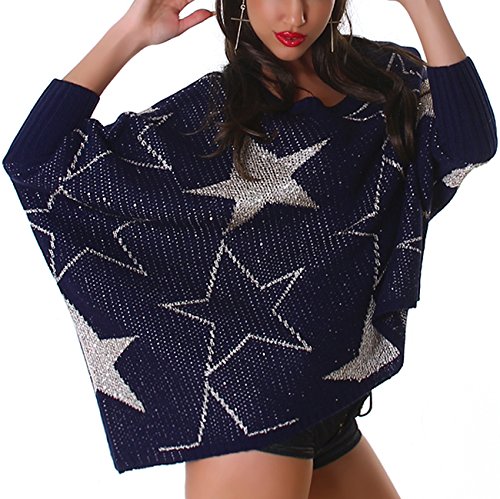 Jela London Damen Oversize Pullover Glitzer Sterne Pailletten Fledermaus Asymmetrisch, Blau Silber 36-40 von Jela London