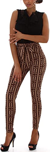 Jela London Damen Paperbag-Hose High-Waist Taillenhose Gürtel Hoher Bund, Linien Streifenmuster Braun 36-38 von Jela London