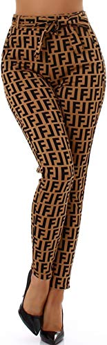 Jela London Damen Paperpag Stretchhose High Waist Ketten Musterung, Hellbraun Muster 38-40 (L/XL) von Jela London