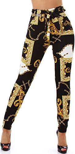 Jela London Damen Paperpag Stretchhose High Waist Ketten Musterung, Ranken Schwarz 36-38 (S/M) von Jela London