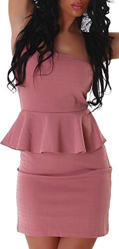 Jela London Damen Peplum Schößchen Bandeau Mini-Kleid Stretch Schulterfrei Musterung Party Cocktail Trägerlos, Alt-Rosa ML 34 36 von Jela London