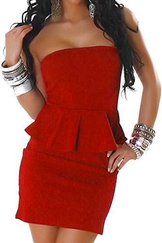 Jela London Damen Peplum Schößchen Bandeau Mini-Kleid Stretch Schulterfrei Musterung Party Cocktail Trägerlos, Rot SM 32 34 von Jela London