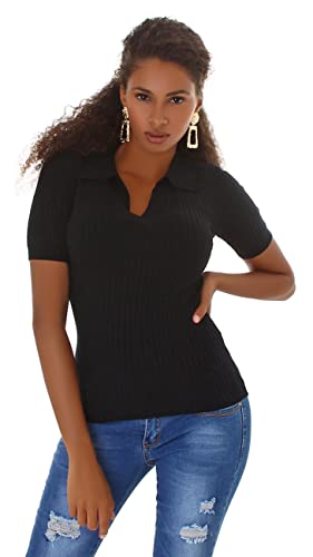 Jela London Damen Polo Shirt Einfarbig Stretch Slim-Fit Bodycon, Schwarz von Jela London