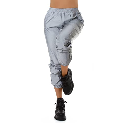 Jela London Damen High Waist Hose reflektierend Jogginghose Wetlook, Hellgrau 40-42 von Jela London