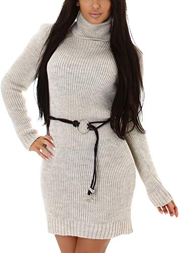 Jela London Damen Rollkragen Pullover Strick Kleid Stretch Grobstrick gerippt Gürtel, Beige 36-40 von Jela London