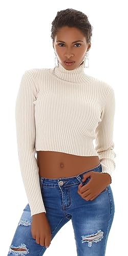 Jela London Damen Cropped Rollkragen Pullover gerippt Skinny Stretch, Beige 34-36 (OS) von Jela London