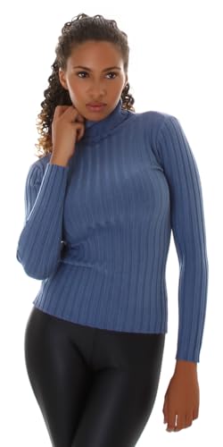 Jela London Damen Rollkragen Sweatshirt Pullover gerippt Stretch Bodycon Slim, Blau von Jela London