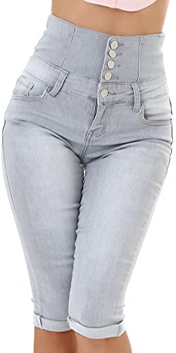 Jela London Damen Skinny Jeansshorts Kurze Hose Stretch Taillenhose Knopfleiste, Hellgrau 34-36 von Jela London