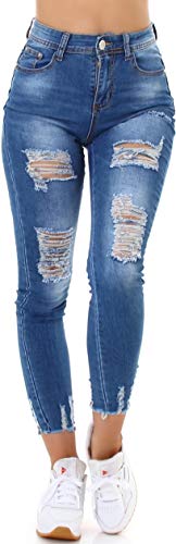 Jela London Damen Skinny Jeans Push Up Stretch High Waist Destroyed Risse Frayed Fransen, Blau 36-38 von Jela London