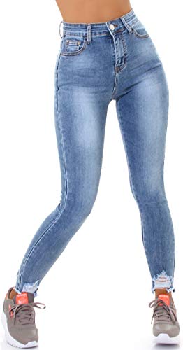 Jela London Damen Skinny Jeans Push Up Stretch High Waist Frayed Fransen, Blau 34-36 von Jela London