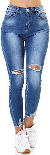 Jela London Damen Skinny Jeans Stretch High Waist Destroyed Risse Washed Used, Blau 34-36 von Jela London