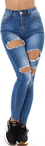 Jela London Damen High Waist Jeans Destroyed Risse Skinny Stretch Washed Used, Blau 36-38 von Jela London