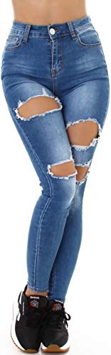 Jela London Damen High Waist Jeans Destroyed Risse Skinny Stretch Washed Used, Blau 40-42 von Jela London