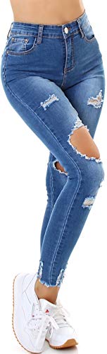 Jela London Damen Skinny Jeans Stretch High Waist Destroyed Used, Blau 32-34 von Jela London