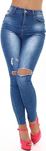 Jela London Damen Skinny Jeans Stretch High Waist Destroyed Risse Löcher Fransen, Blau 36-38 von Jela London