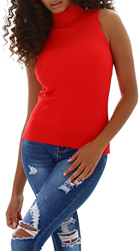 Jela London Damen Feinstrick Rollkragen Pullunder Stretch gerippt, Rot von Jela London