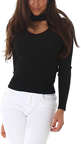 Jela London Damen Slim-Fit Pullover V-Neck Bodycon Stehkragen Mandarin Langarm Stretch Feinripp, Schwarz von Jela London