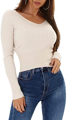 Jela London Damen Feinstrick Pullover V-Ausschnitt Streifen gerippt, Beige von Jela London