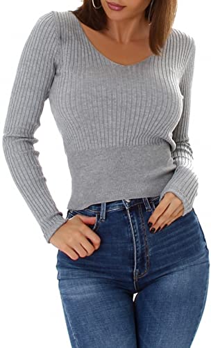 Jela London Damen Feinstrick Pullover V-Ausschnitt Streifen gerippt, Grau von Jela London