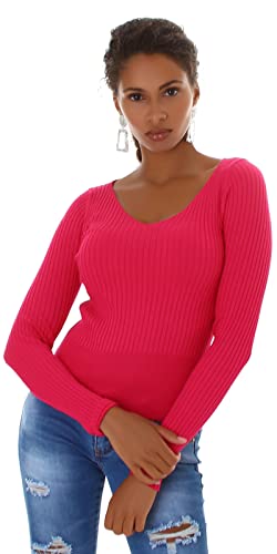 Jela London Damen Feinstrick Pullover V-Ausschnitt Streifen gerippt, Pink von Jela London