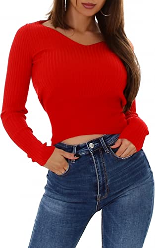 Jela London Damen Feinstrick Pullover V-Ausschnitt Streifen gerippt, Rot von Jela London