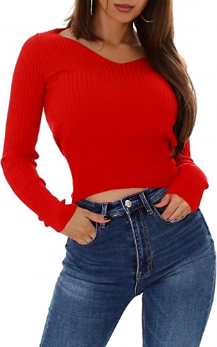 Jela London Damen Feinstrick Pullover V-Ausschnitt Streifen gerippt, Rot 34-36 von Jela London