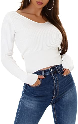 Jela London Damen Feinstrick Pullover V-Ausschnitt Streifen gerippt, Weiß 34-36 von Jela London