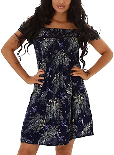 Jela London Damen Sommer Kleid kurz Carmen trägerlos Gesmokt A-Linie, Blau 36-38 (XL/XXL) von Jela London