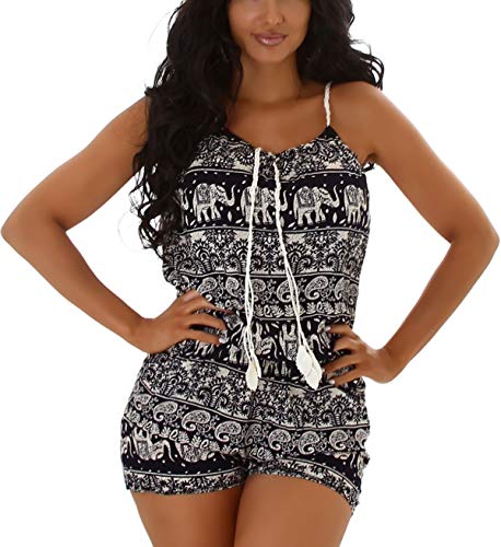 Jela London Damen Sommer Overall Träger Onesie Jumpsuit luftig leicht Musterung Elefant Paisley, Schwarzblau von Jela London