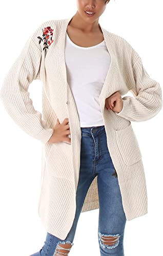 Jela London Damen Sommer-Strickjacke Cardigan Stickerei offen Strick-Mantel Taschen Blumen-Motiv, Beige, 36-40 von Jela London