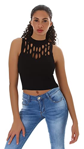 Jela London Damen Sommer Top Cut-Outs Unifarben Feinripp Rückenband, Schwarz von Jela London