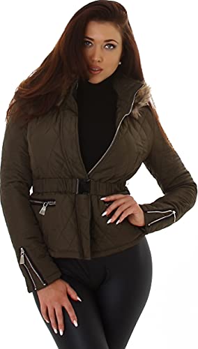 Jela London Damen Kapuzen Steppjacke Fell Imitat Kunstleder Taillengürtel, 34 (Etikett 36) Dunkel Grün von Jela London