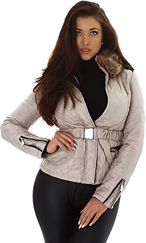 Jela London Damen Steppjacke Kunstfell Stehkragen Kunstleder Taillengürtel, 36 (Etikett 38) Beige von Jela London