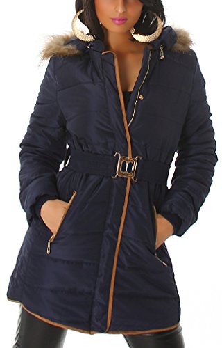 Jela London Damen Steppmantel Steppjacke Capuchon Winter Kurz-Mantel Parka Kapuze Kunst-Fell Fellimitat Knopfleiste Gürtel Leichter Wetlook, Blau 34 36 (M) von Jela London