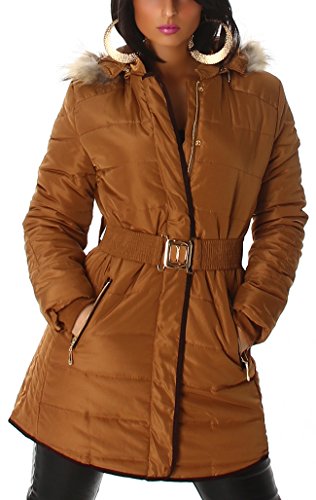 Jela London Damen Steppmantel Steppjacke Capuchon Winter Kurz-Mantel Parka Kapuze Kunst-Fell Fellimitat Knopfleiste Gürtel Leichter Wetlook, Braun 36 38 (L) von Jela London