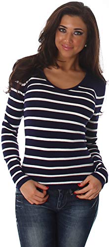 Jela London Damen Streifen Langarmshirt Pullover V-Ausschnitt Slim Langarm Stretch, Navy-Blau 34 36 38 von Jela London