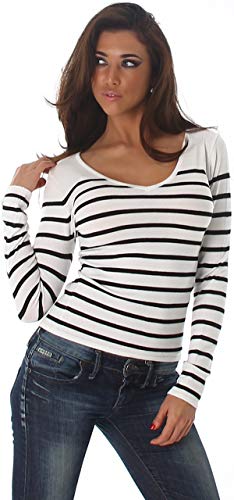 Jela London Damen Streifen Langarmshirt Pullover V-Ausschnitt Slim Langarm Stretch, Weiß 34 36 38 von Jela London