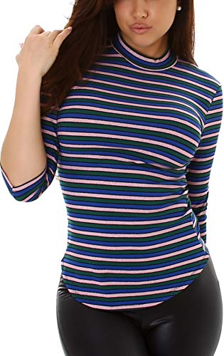Jela London Damen Streifen Pullover Sweatshirt Langarm-Shirt Glitzer Stretch Slim-Fit, Blau-Grün-Rosa, 38-40 L von Jela London