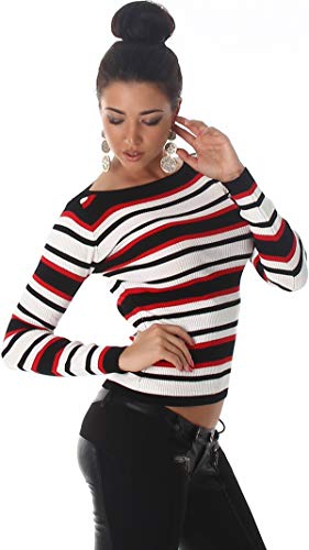 Jela London Damen Streifen-Pullover U-Boot Ausschnitt Fein-RIPP Stretch enganliegend Langarm, Weiß-Rot 34 36 38 von Jela London