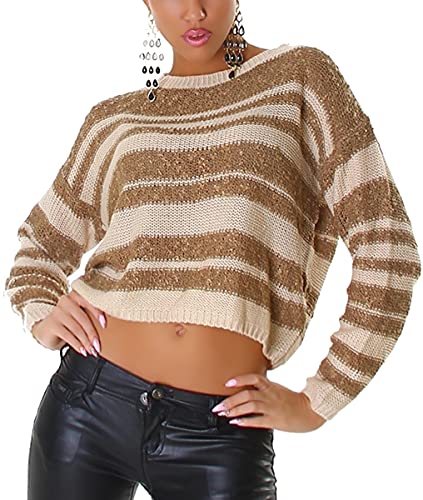 Jela London Damen Streifen-Pullover kurz bauchfrei Crop-Pulli, Beige von Jela London