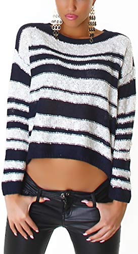 Jela London Damen Streifen-Pullover kurz bauchfrei Crop-Pulli, Weiß Blau von Jela London