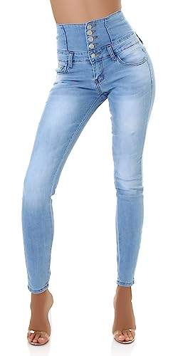 Jela London Damen Stretch Jeans High Waist Knopfleiste Skinny Slim Bleached, Hellblau 38 von Jela London