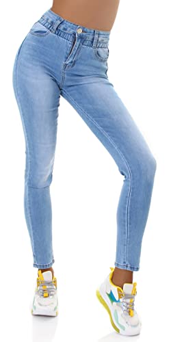 Jela London Damen Stretch Jeans High Waist Skinny Taillenhose Raffung Slim, Hellblau 34-36 von Jela London