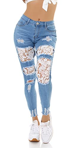 Jela London Damen Stretch Jeans Push Up Destroyed Spitze Bleached Skinny Slim, Hellblau 38 von Jela London