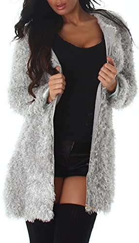 Jela London Damen Strickjacke Strickmantel Fransen Flauschig Oversize kuschelig, Silber 36-38 S von Jela London