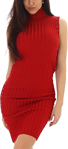 Jela London Damen Strickkleid Kragen Stretch Schlauchkleid Nieten Perlen Bodycon, Rot von Jela London