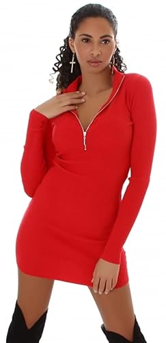 Jela London Damen Strickkleid Mini V Ausschnitt Reißverschluss gerippt, Rot 34-38 von Jela London