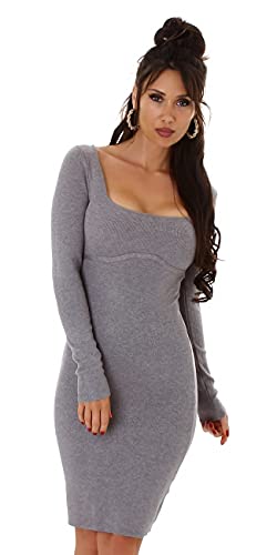 Jela London Damen Strickkleid Pulloverkleid Stretch Bodycon Feinripp Eckiger Ausschnitt Midikleid, Hellgrau von Jela London