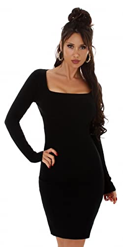 Jela London Damen Strickkleid Pulloverkleid Stretch Bodycon Feinripp Eckiger Ausschnitt Midikleid, Schwarz von Jela London
