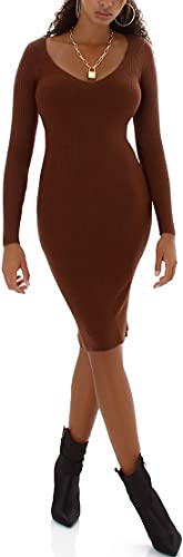 Jela London Damen Strickkleid Pulloverkleid Stretch Feinripp V-Ausschnitt Midikleid, Mahagoni-Braun von Jela London